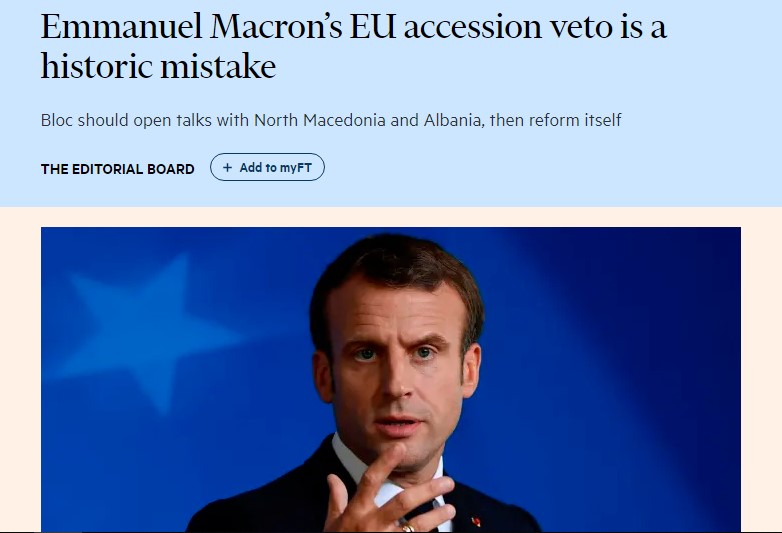 „Фајненшл Тајмс“: Ветото на Макрон е поврзано со фундаменталниот проблем на ЕУ