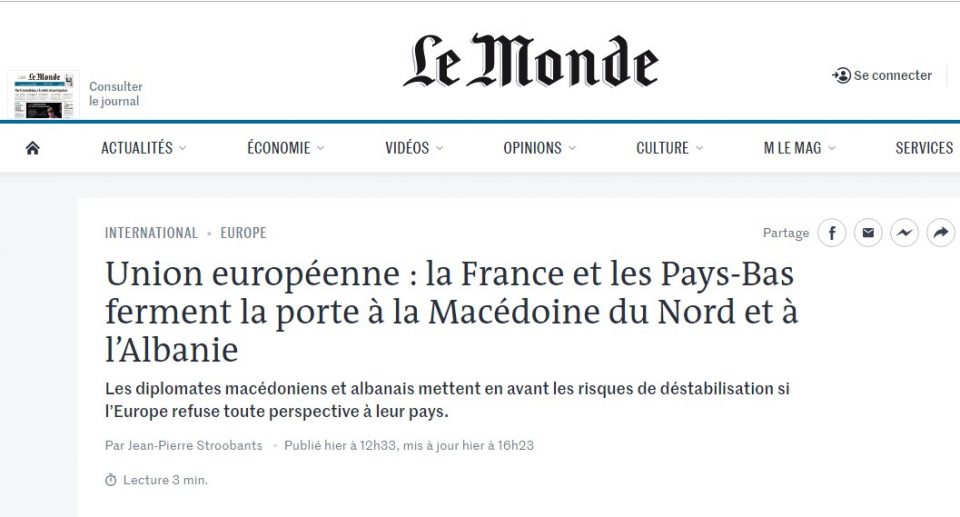 „Ле Монд“: Франција и Холандија им ја затворија вратата на Македонија и Албанија