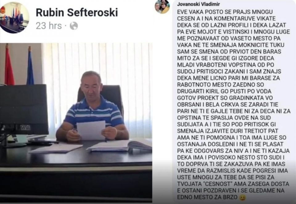 Граѓанин со порака до градоначалникот на Кривогаштани – ми бараше пари за работно место, бараш мито за се